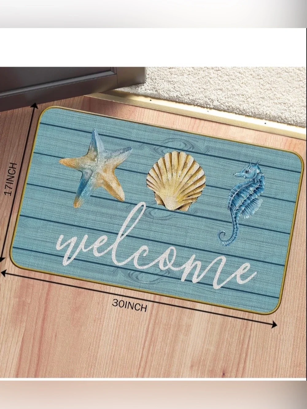 Coastal Blue 'Welcome' Door Mat - Nautical Shell & Seahorse Design